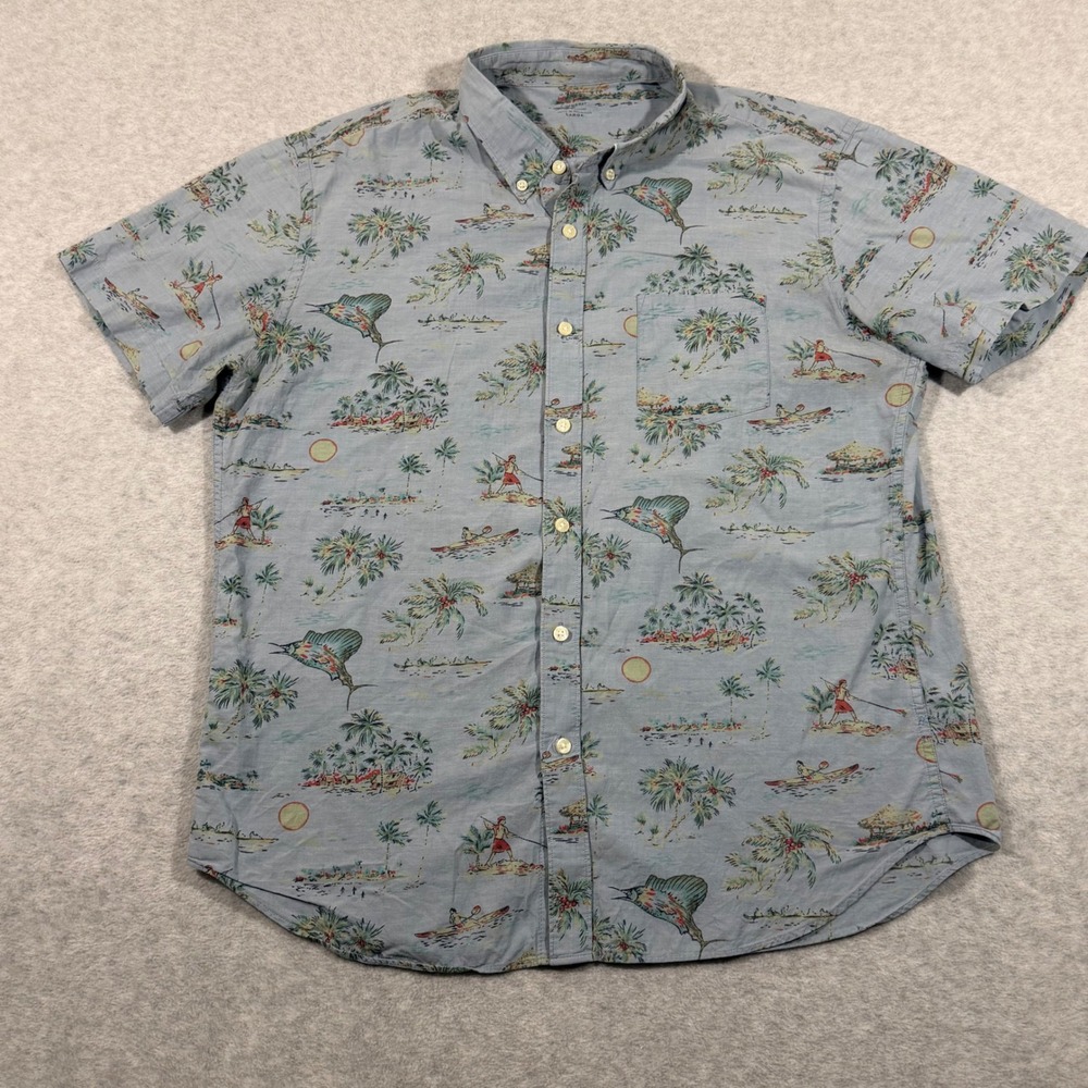 J. Crew Shirt Mens Large Blue Chambray Tropical Marlin Island Button Down